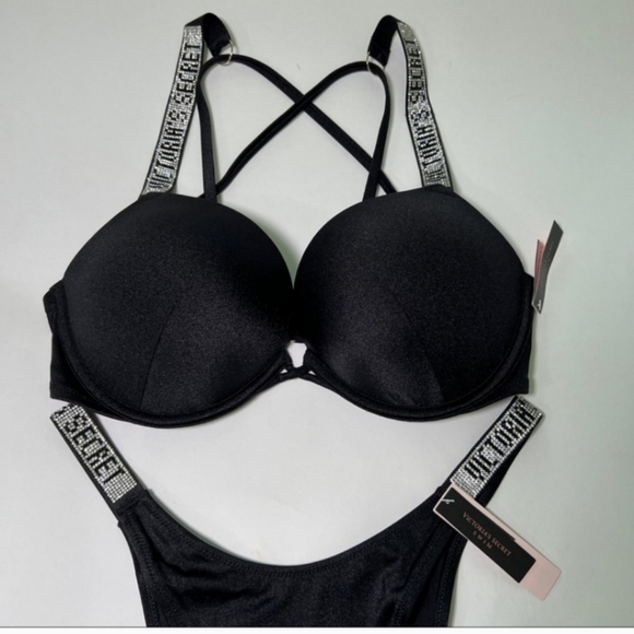 Victoria Secret 34B S Bombshell Push Up Top Bikini Set Shine Strap LOGO Black - Picture 3 of 4